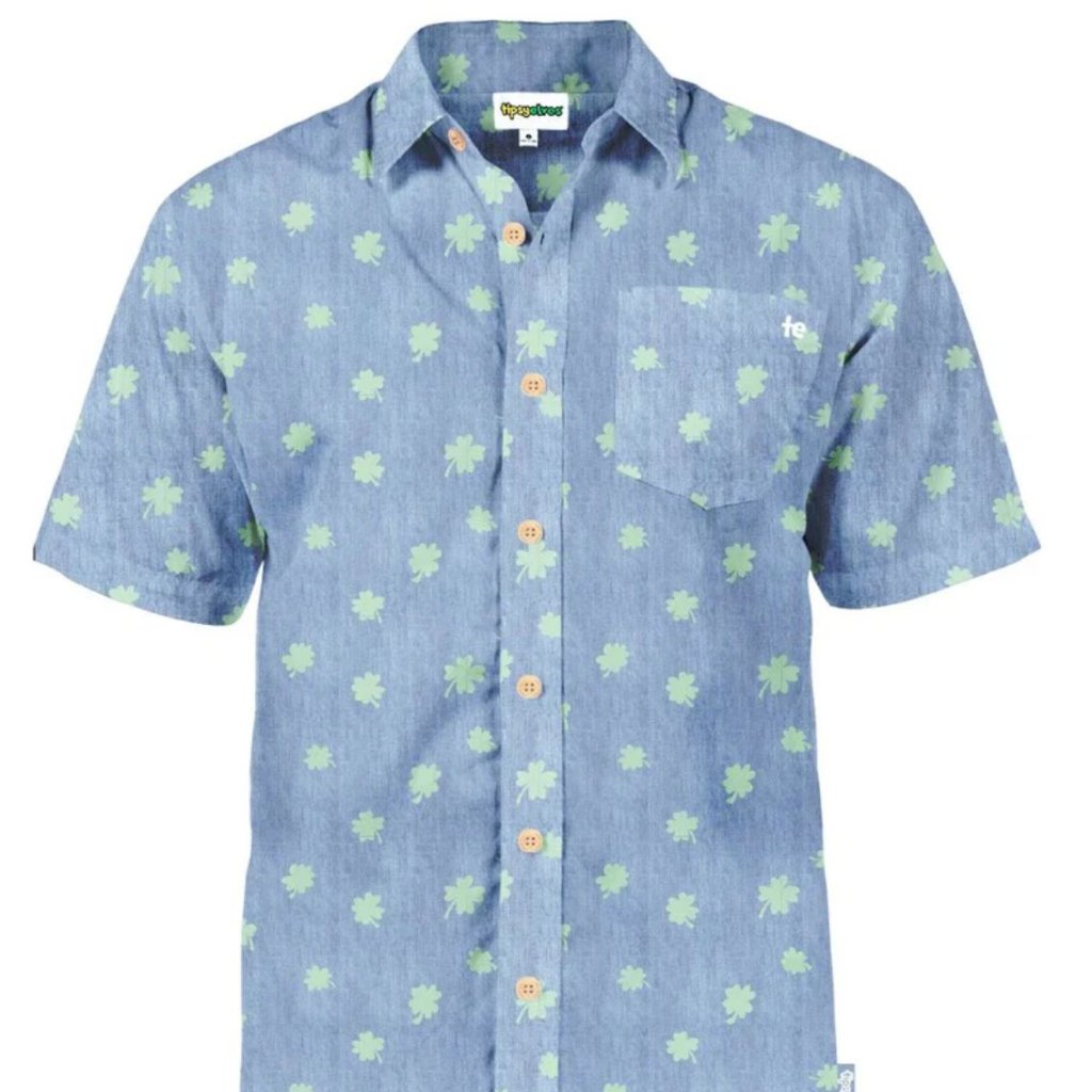 Tipsy Elves Mens Blue Clover Button-Up Short Sleeve Shirt St Patrick